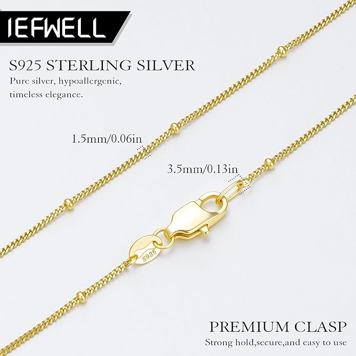 IEFWELL S925 Sterling Silver Chain Necklace for Women - 14K-Real-Gold-Plated 1.5mm Satellite Bead Chains Necklace, Hypoallergenic Sturdy Women's Chain Necklaces, 14/16/18/20/22/24 Inches Jewelry Gifts