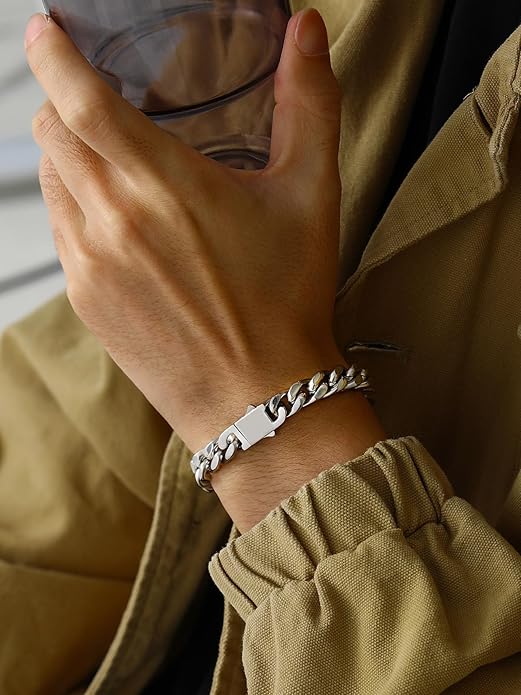 Bestyle Thick Mens Cuban Link Chain Bracelets, Durable Real 18K Gold/Black Metal Plated Solid Stainless Steel Hand Chain Cuban Bracelets for Men, Silver Black Gold Bracelets for Father Husband