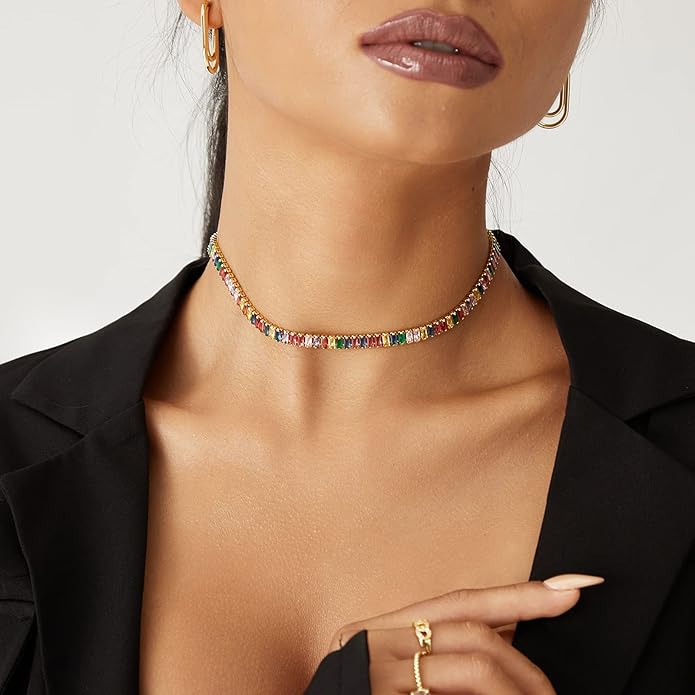 KissYan Diamond Tennis Necklace for Women, 14K/White Gold Plated Cubic Zirconia Baguette Tennis Chain Chunky Paperclip Link Cuban Choker Necklace Dainty Jewelry Gifts