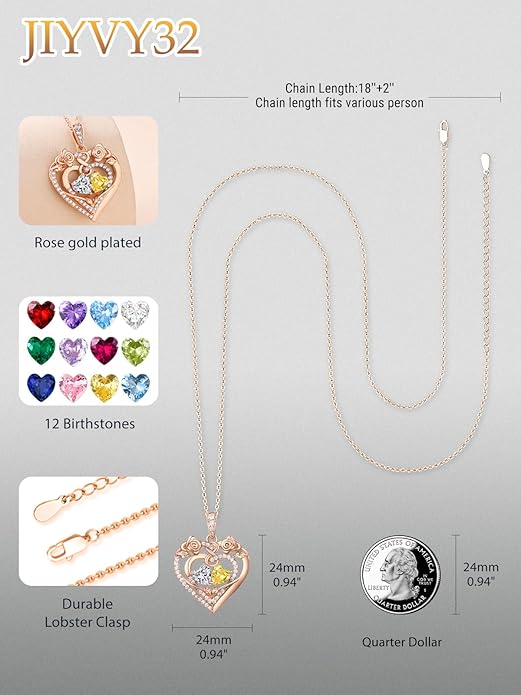 JIYVY32 Rose Heart Necklace for Women Exquisite 925 Sterling Silver Anniversary Birthday Gifts for Wife Mom Her Double Birthstone Pendant Jewelry