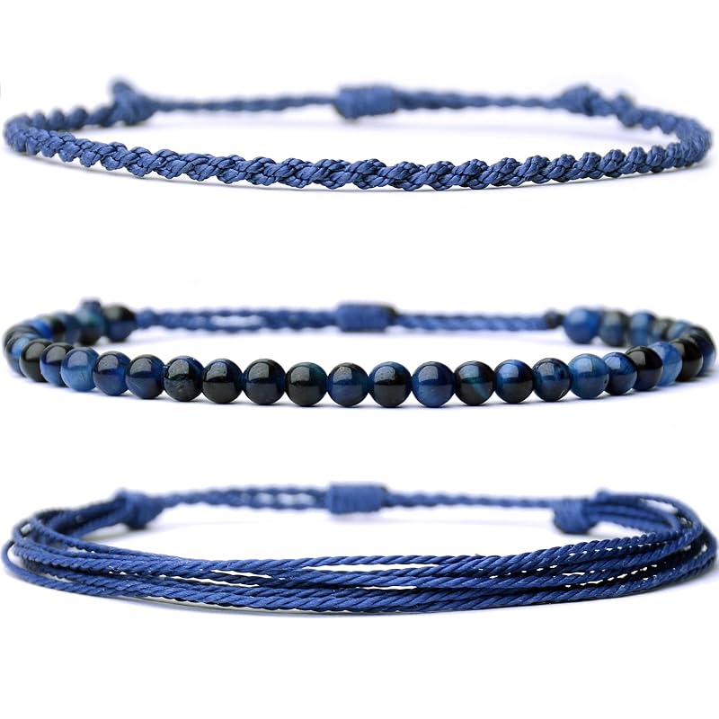 Handmade Natural Stone Beaded Healing Bracelet Gift for Men Adjustable Rope String Bracelet (Tiger Eye（BLUE）, Adjustable)