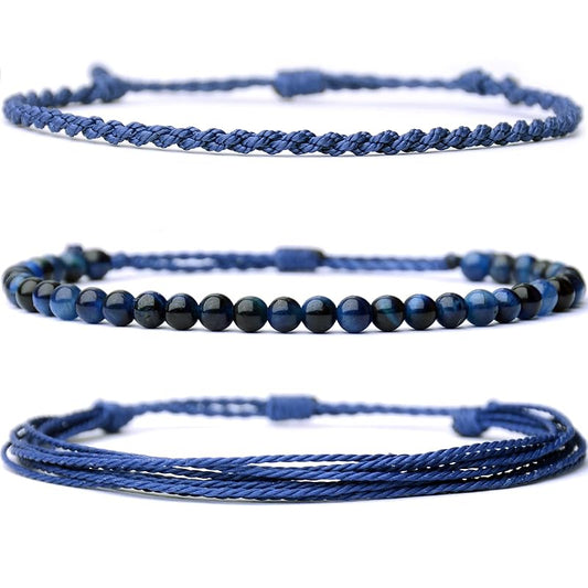 Handmade Natural Stone Beaded Healing Bracelet Gift for Men Adjustable Rope String Bracelet (Tiger Eye（BLUE）, Adjustable)