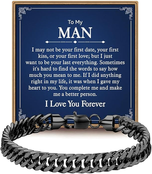 IEFLIFE Bracelet Gifts for Men Him - Silver/Black Stainless Steel Cuban Link Chain Bracelet Gifts for Son Grandson, Fathers Day Anniversary Birthday Gift for Men Husband, 8mm Bracelets Gift Jewelry