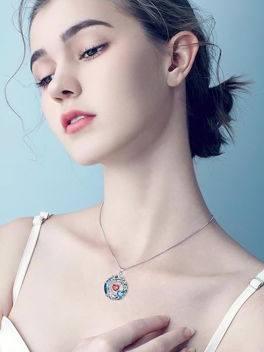 TOUPOP s925 Sterling Silver Family Celtic Tree of Life Pendant Necklaces with 2 Heart Birthstone with Blue Austrian Crystal Jewelry Birthday Anniversary Christmas Gifts for Her Wife Girlfriend Mom (18K Real White Gold Filled)