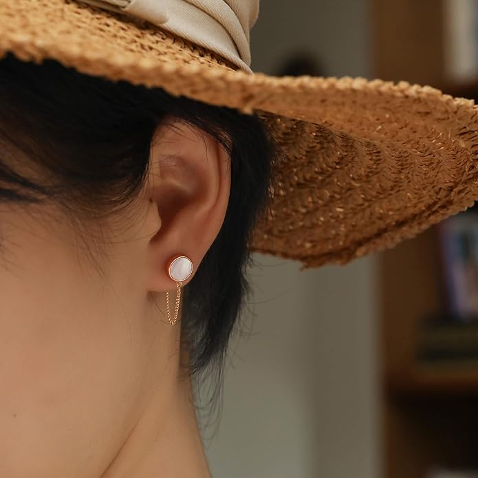 S.Leaf Gold Stud Earrings for Women 925 Sterling Silver Hypoallergenic Mother of Pearl Shell Stud Chain Earrings Friendship Jewelry Gifts for Women Her