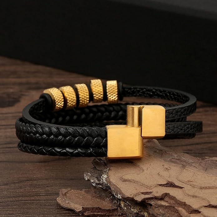 Italian Handmade Genuine Leather Bracelets for Men Stainless Steel Clip, Men's Casual Genuine Multi-layer Cuff Bracelet, Bracelet Gift for Real Men