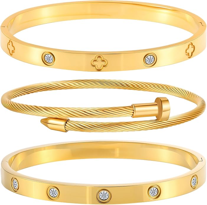 Gold Bracelets for Women - Stackable Bangles with Friendship & Love Theme - Stainless Steel Jewelry Gift for Her