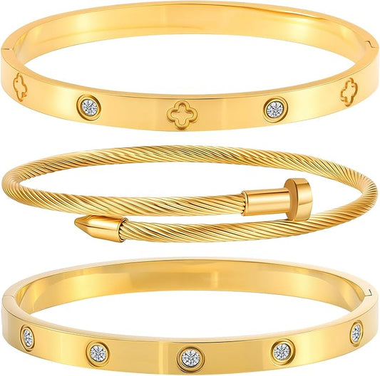 Gold Bracelets for Women - Stackable Bangles with Friendship & Love Theme - Stainless Steel Jewelry Gift for Her