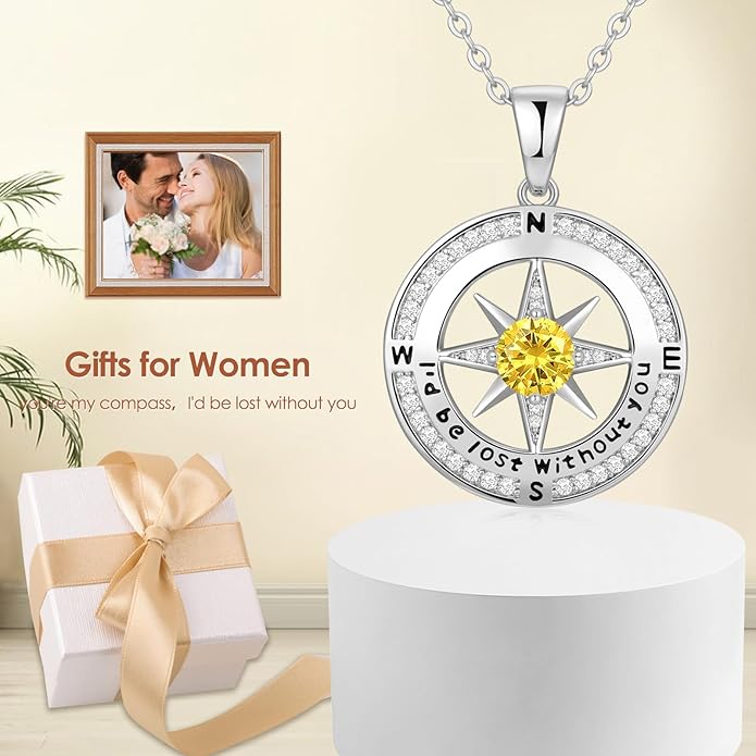 Zifeel Compass Necklace Gifts for Women wife - S925 Sterling Silver Birthstone Necklaces for Women - Anniversary Birthday Gifts for Her Wife Girlfriend - Valentines Mom Mothers Day Christmas Gifts Jewelry for Women
