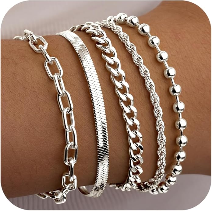 Gold Bracelets for Women Non Tainish,Dainty Bracelets Stack for Women Trendy, Gold Plated Cuff Bracelets Stack With Beaded Cuban Paperclip Snake Rope Bangle Hand Chain Jewelry Gifts for Women