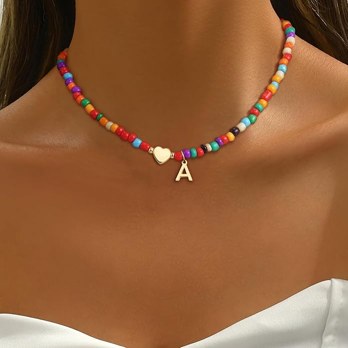 Colorful Initial Necklaces for Girls Women Kids - Teen Girls Gifts Trendy Stuff Beaded Initial Necklace Dainty Letter Choker Necklace for Girl Gifts Jewelry