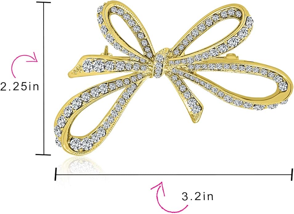 Winter Holiday Blue White Glittering Crystal Bridal Fashion Large Statement Ribbon Scarf Bow Brooch Pin For Women Rose Gold or Silver Plated
