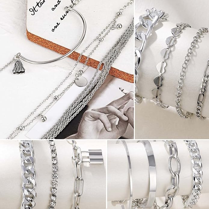 17IF 18-25 PCS(6 Pack) Boho Gold Bracelets Set for Women Stackable Chunky Dainty Bangles Adjustable Chain Flat Cuff Cuban Punk Charm Bundle Jewelry