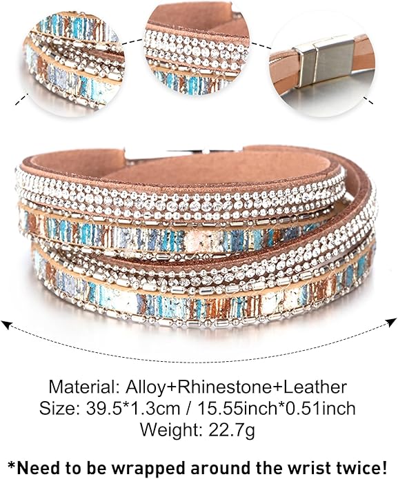 Fesciory Leather Wrap Bracelets for Women, Boho Leopard Multi-Layer Crystal Beads Cuff Bracelet Jewelry
