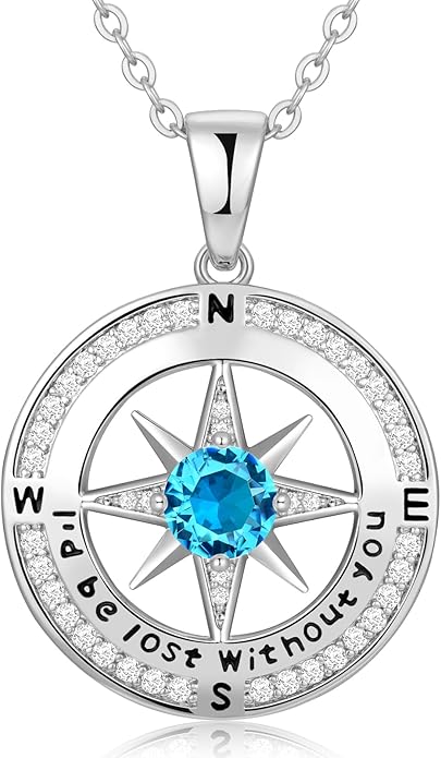 Zifeel Compass Necklace Gifts for Women wife - S925 Sterling Silver Birthstone Necklaces for Women - Anniversary Birthday Gifts for Her Wife Girlfriend - Valentines Mom Mothers Day Christmas Gifts Jewelry for Women