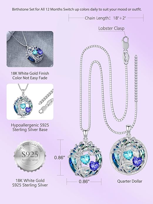 TOUPOP s925 Sterling Silver Family Celtic Tree of Life Pendant Necklaces with 2 Heart Birthstone with Blue Austrian Crystal Jewelry Birthday Anniversary Christmas Gifts for Her Wife Girlfriend Mom (18K Real White Gold Filled)