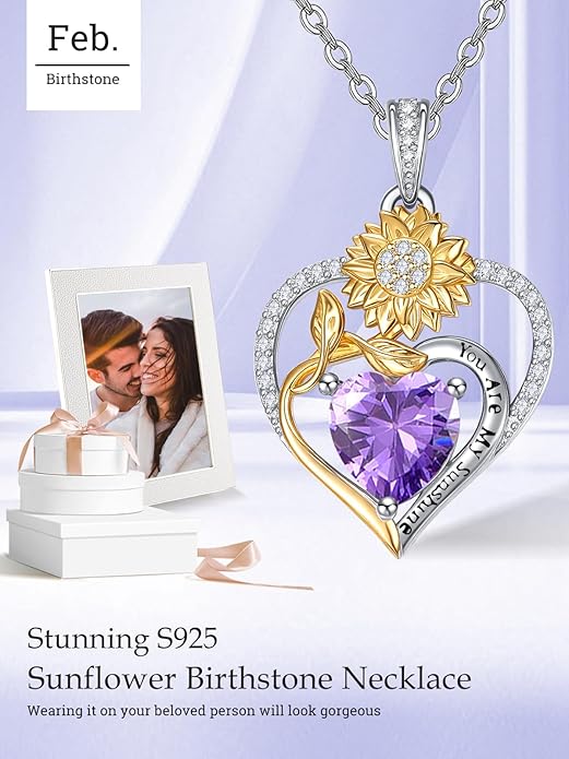 Zeuslia Double Birthstone Necklace Gifts for Wife - 925 Sterling Silver Sunflower/Rose/Crown Cross/Compass/Heart Pendant I Love You Necklace, Anniversary Birthday Gifts for Wife Girlfriend Mom Her