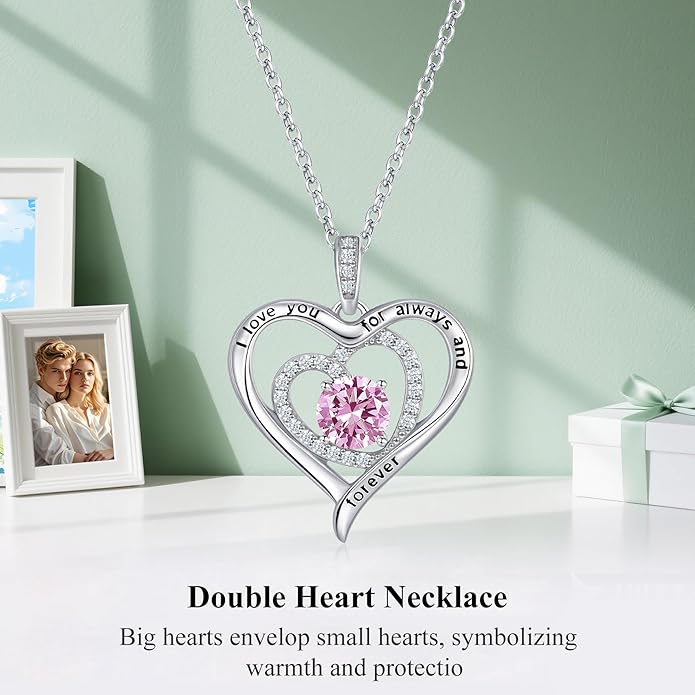 S925 Sterling Silver Necklace for Women, Christams Gift for Women, Love Heart Birthstone Necklaces for Women, Wife Jewelry, Mom Birthday Valentines Mothers Day Gifts, Girlfriend Necklaces, Daughter Heart Jewel, Anniversary for Her