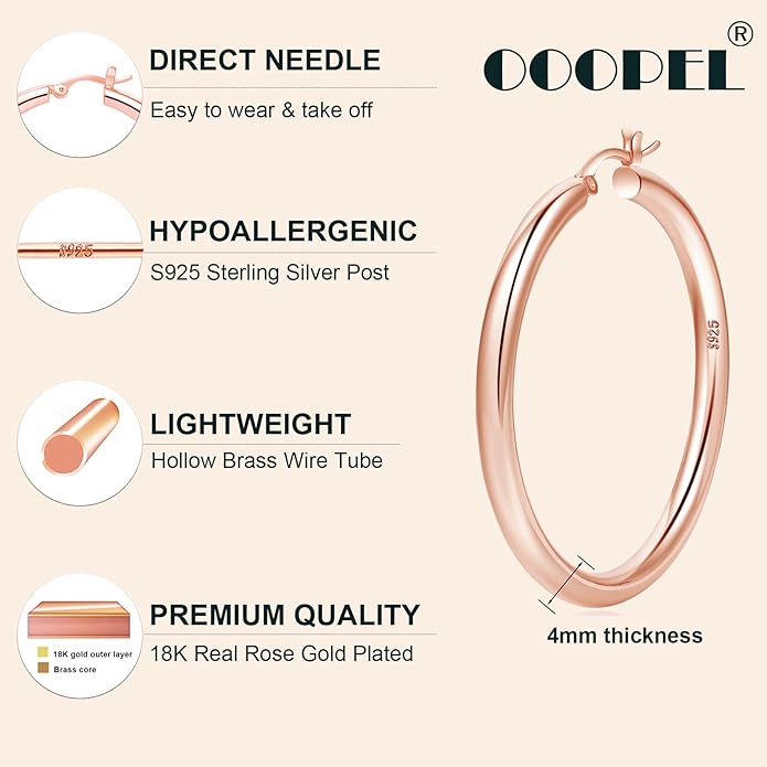 4mm Thick Gold Chunky Earrings Steling Silver Post Hoops Earrings For Women Hollow Tube Hoops Earrings Thick Gold Hoop Earrings Hypoallergenic Lightweight Gold Hoop Large Earrings 20/30/40/50/60MM