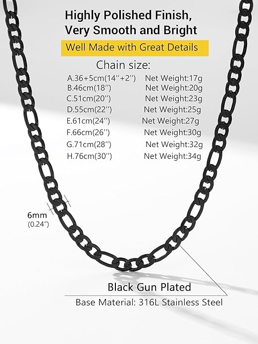 PROSTEEL 316L Stainless Steel Figaro Cuban Chain Necklace for Men, Black/18K Real Gold Plated, 4/5/6/7.5/9/10/13mm, 14inch-30inch, Come with Box