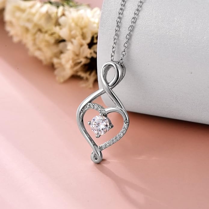 ZBA Natural Diamond Infinity Necklace for Women, 14K White Gold Plated Sterling Silver Diamond Eternal inifnity Pendant Necklaces Jewelry, Birthday Christmas Gifts for Mom Her Wife(Color F-G/Clarity I1-I2)