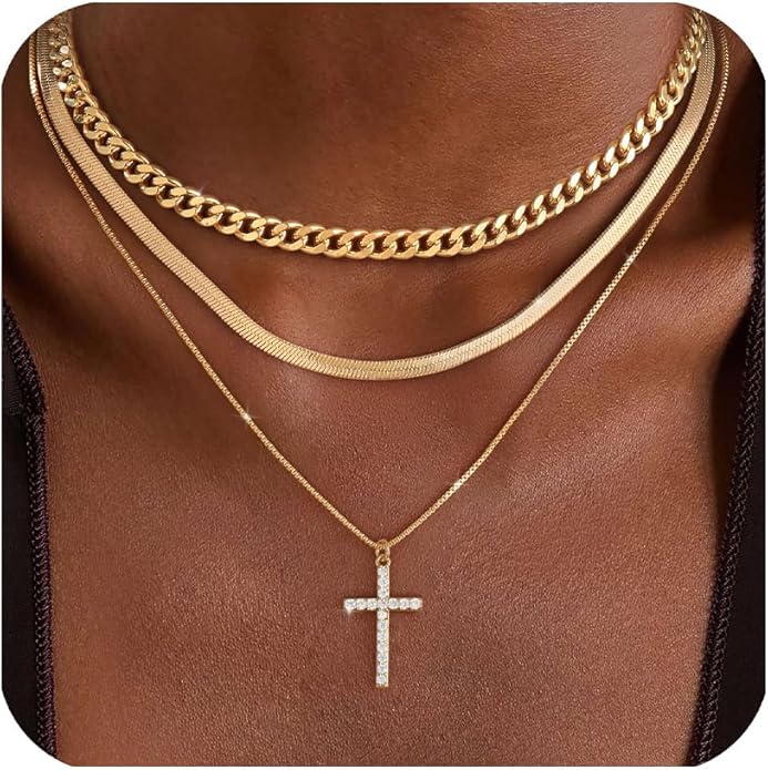 Layered Gold Silver Necklace for Women Non Tarnish,Dainty Choker Statement Chunky Necklace Stack Charm Pendant Chain Necklace Set 14K Gold Plated Long Stacked Womens Necklaces Trendy Jewelry Gift
