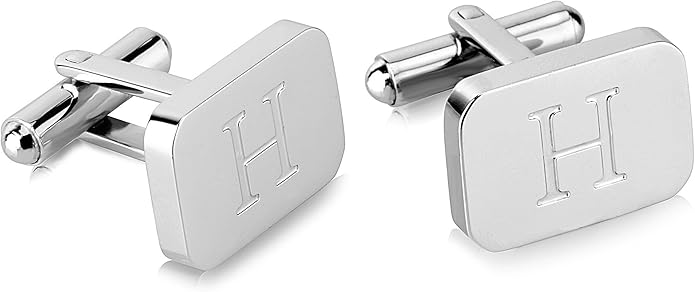 18K White-Gold Plated Initial Engraved Stainless Steel Men’s Cufflinks With Gift Box -Personalized Alphabet Letter’s A-Z By Lux & Pair