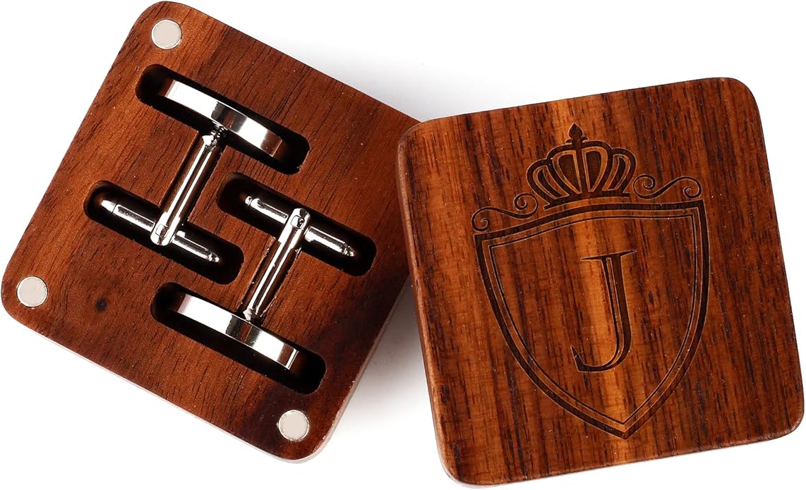 Mens Initial Silver Cufflinks A-Z Alphabet Letter Steel Cuff Links with Engraved Walnut Wood Box Groom Groomsman Wedding Set…