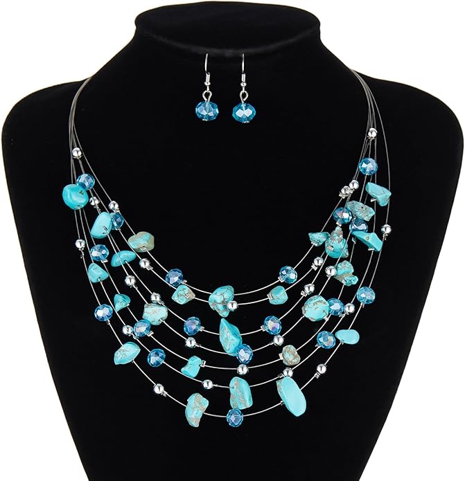 Multi-Layer Boho Shell Beaded Necklace for Women Colorful Crystal Strand with Silver Beads Statement Collars Necklace and Earrings Costumes Jewelry Sets for Women