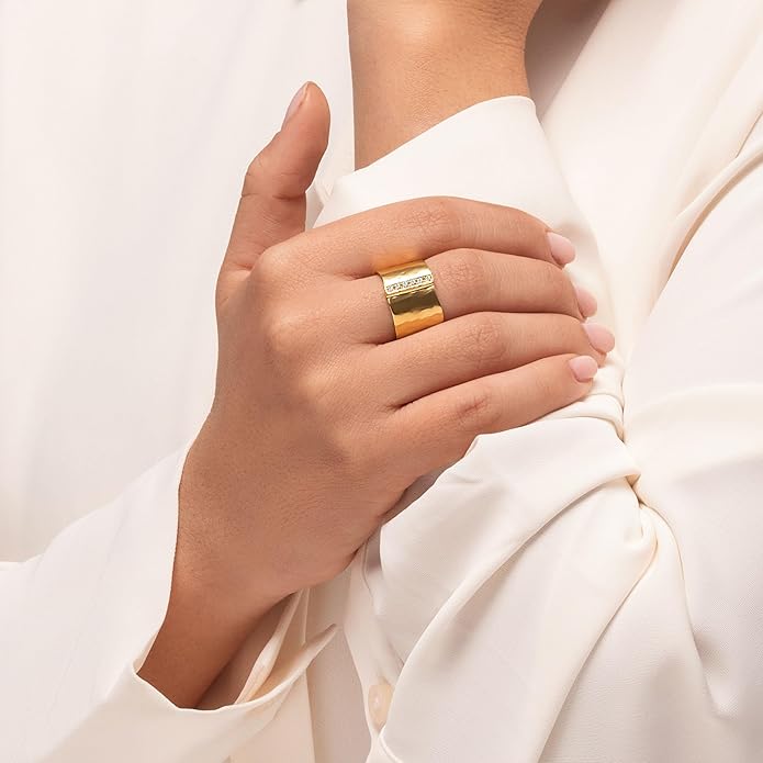 JEAN RACHEL JEWELRY 14K Gold Plated Sterling Silver Ring with 0.18 TCW Cubic Zirconia - Wide Band Hammered Vintage Design - Hypoallergenic, Lead & Nickel Free Jewelry Statement Rings for Women