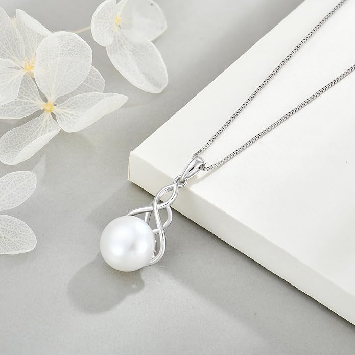 Veshon Celtic Infinity Pearl Pendant Necklace for Women, 925 Sterling Silver Good Luck Irish Pendant with 10MM Freshwater Cultured Pearl, White/Rose/ 14K Gold Plated Jewelry Gift