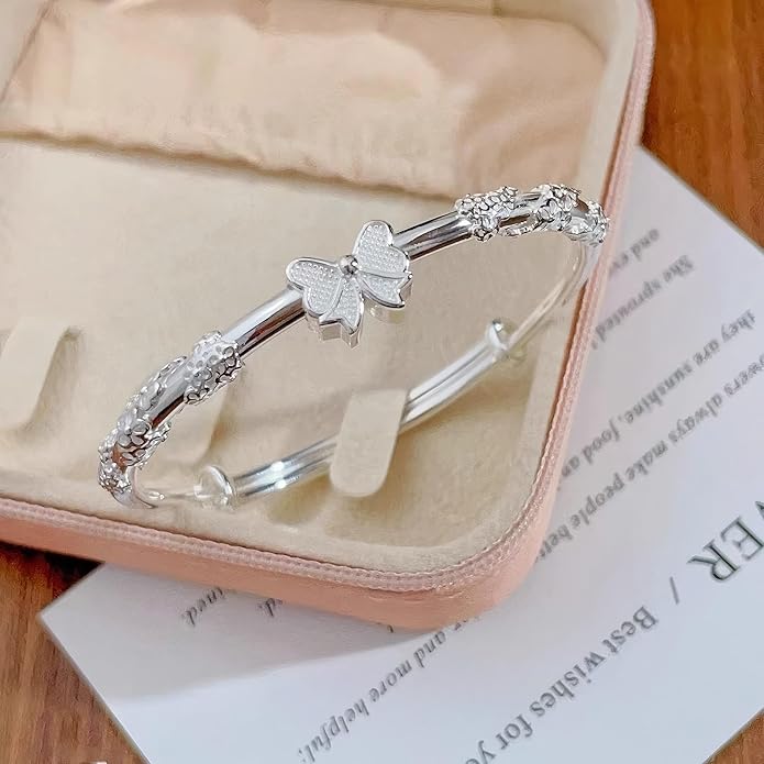 S925 Silver Bangle Bracelet for Women, Elegant Women‘s Sterling Silver Bracelet Bangle Adjustable 6.4-7.8 inches Small Size