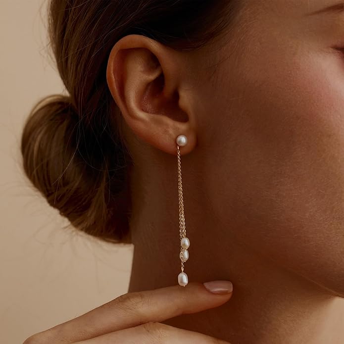 Moodear Dainty Pearl Dangle Earrings for Women - Trendy 14K Gold Plated Pearl Hypoallergenic Drop Earring Wedding Jewelry Gift