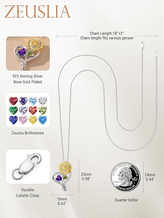 Zeuslia Double Birthstone Necklace Gifts for Wife - 925 Sterling Silver Sunflower/Rose/Crown Cross/Compass/Heart Pendant I Love You Necklace, Anniversary Birthday Gifts for Wife Girlfriend Mom Her