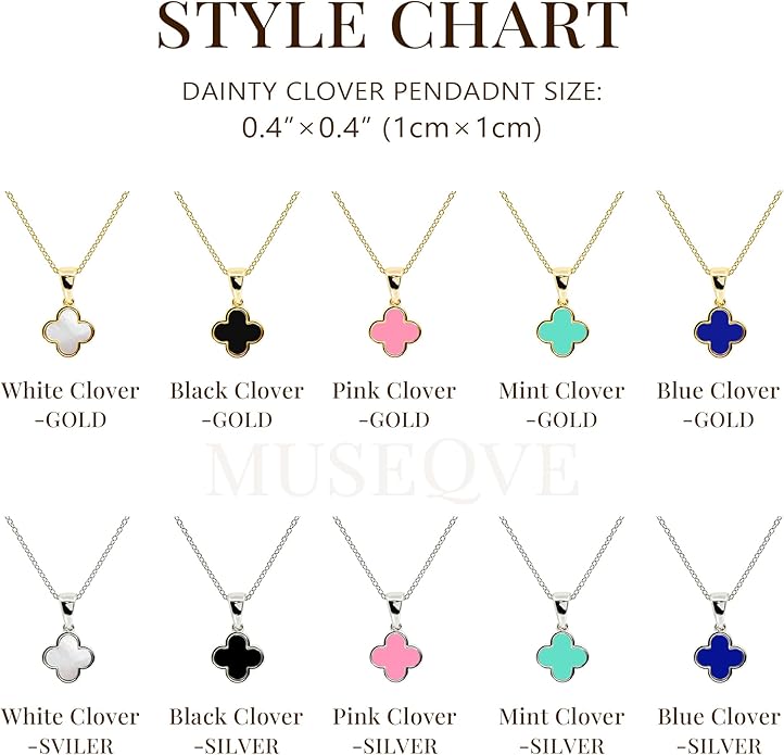 MUSEQVE Four Leaf Clover Necklace for Women Dainty Mother of Pearl White Black Onyx Pink Blue Mint Green Crystal Lucky Clover Pendant 14K Gold Plated Jewelry Gifts [CVRN]