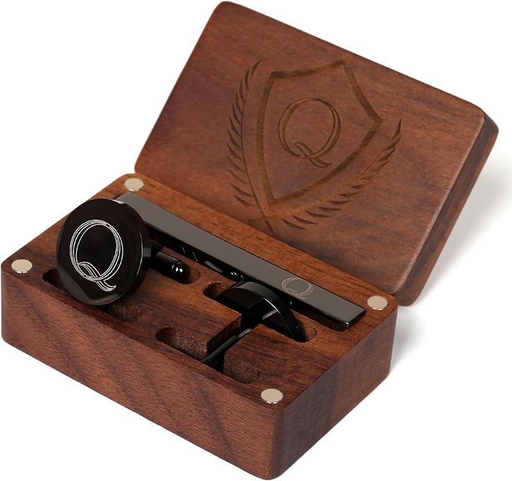 Mens Initial Cufflinks and Tie Clip A-Z Alphabet Letter Black Stainless Cuff Links Tie Bar with Engraved Walnut Wood Box Groom Groomsman Wedding Set