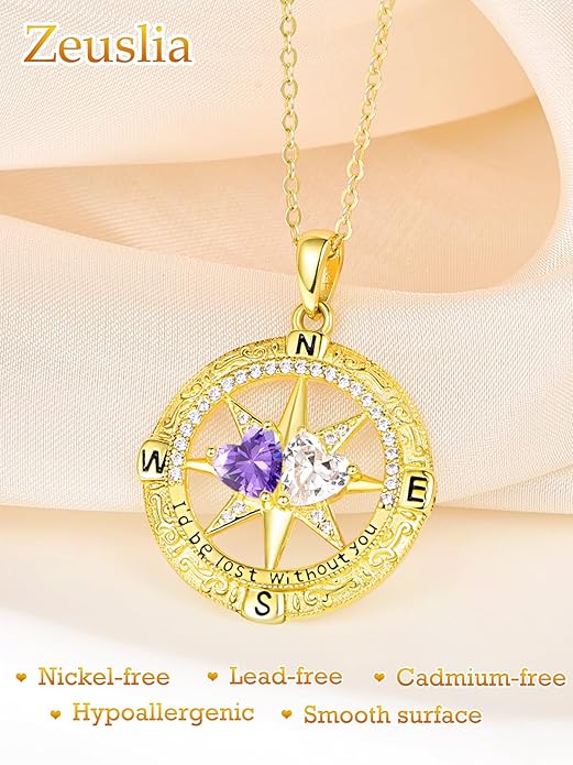 Zeuslia Double Birthstone Necklace Gifts for Wife - 925 Sterling Silver Sunflower/Rose/Crown Cross/Compass/Heart Pendant I Love You Necklace, Anniversary Birthday Gifts for Wife Girlfriend Mom Her
