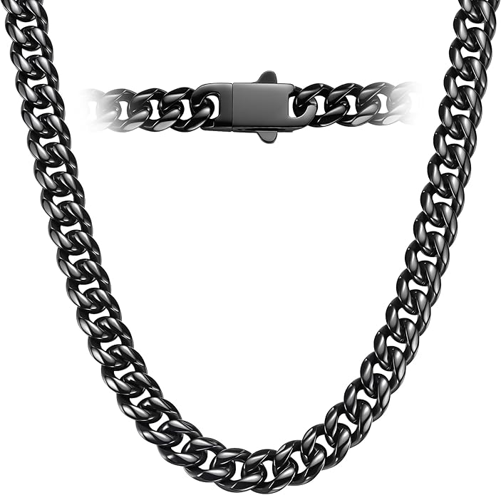 DFUNH 7MM Stainless Steel Mens Cuban Link Chain,Black Metal/925 Sterling Silver Plated Men Chain Necklaces Black/Silver Chain for Men Necklace