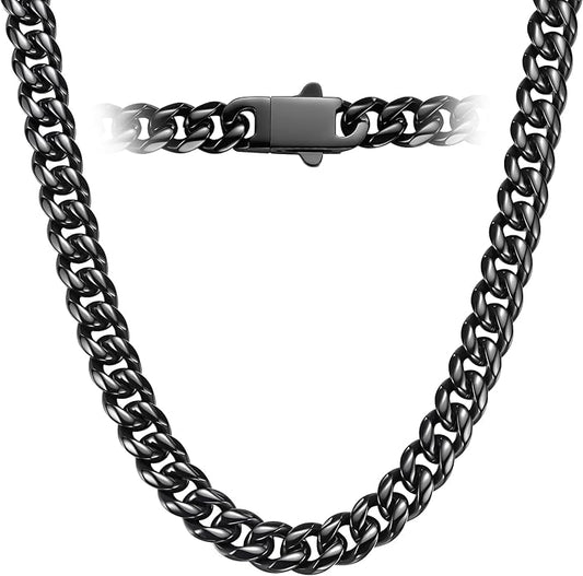 DFUNH 7MM Stainless Steel Mens Cuban Link Chain,Black Metal/925 Sterling Silver Plated Men Chain Necklaces Black/Silver Chain for Men Necklace