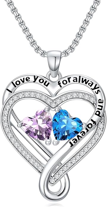 I Love You for Awlays and Forever Double Heart Necklace with Birthstone, 2 Birth Stone Jewelry Anniversary Valentines Mothers Day Christmas Birthday Gifts for Women Her Wife Girlfriend Mom Mother