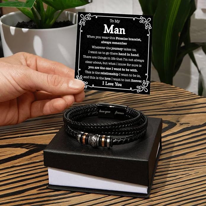 Mapileng To My Man – Braided Leather & Stainless Steel Bracelet with Heartfelt ‘Love You Forever’ - Elegant Gift Box Included, Gift from Girlfriend or Wife for Husband, Boyfriend, or Brother