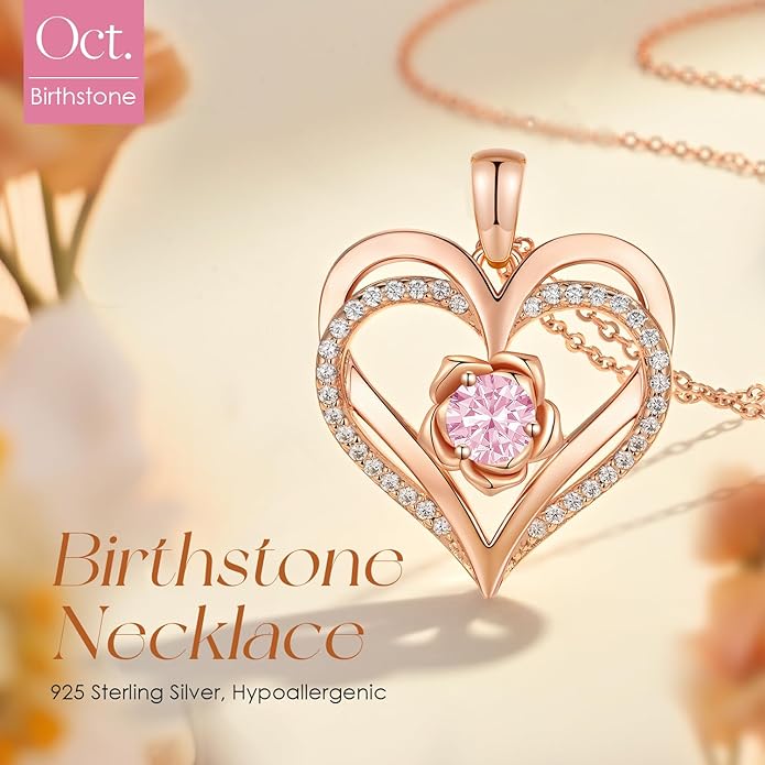 CDE Christmas Gifts for Women S925 Silver Rose Gold Heart Birthstone Necklaces for Women，Ideal Anniversary or Birthday Jewelry Gifts for Wife Girlfriend Her