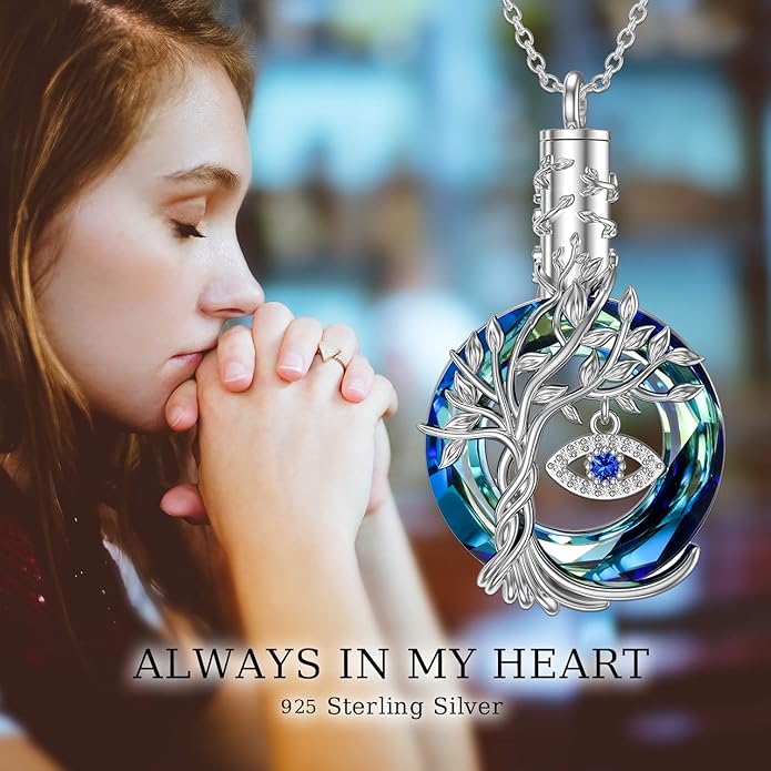 TOUPOP Evil Eye Necklace 925 Sterling Silver Tree of Life Circle Crystal Pendant Necklace Protection Jewelry Amulet Christmas Gifts for Women Her