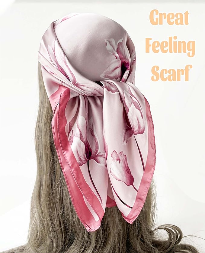 kcctoo 27.5" Mulberry Silk Feeling Head Scarf Women's Fashion Square Neck Satin Scarfs for Bag Hair Scarves Gift