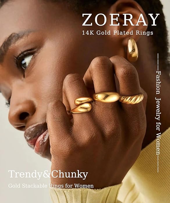 ZOERAY Chunky Gold Rings for Women Non Tarnish Trendy 14k Gold Plated Adjustable Signet Band Stackable Thumb Ring Set Open Twist Dome Statement Stacking Rings Jewelry Gifts for Women Size 5-10