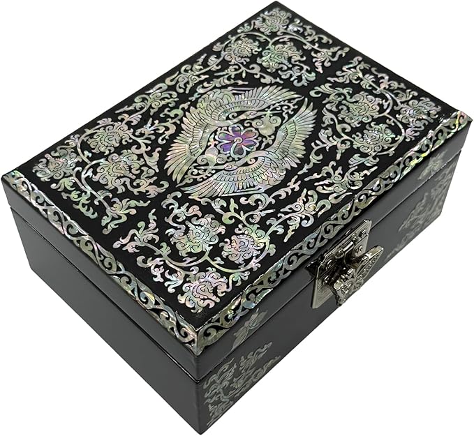 Nacreh Mother of Pearl Korea Traditional Arabesque Jewelry Ring Necklace Mini Trinket Wooden Box - Inlay with Sea Shell Gifts for Women
