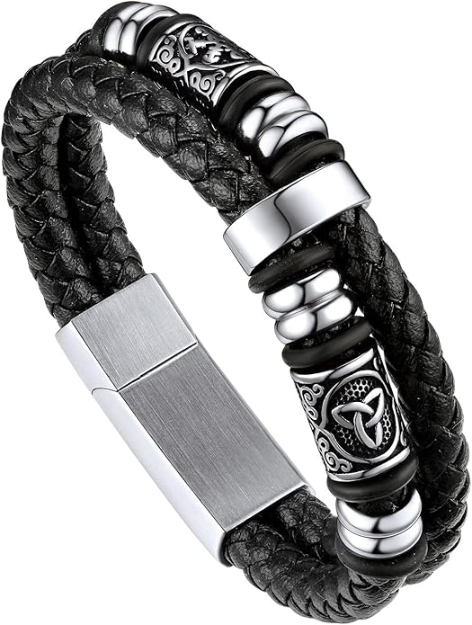 Bandmax Mens Black Double Wax Rope Cuff Bracelets Waterproof Stainless Steel Norse Style Celtic Knot Beads Bracelet Wristband Gift for Men