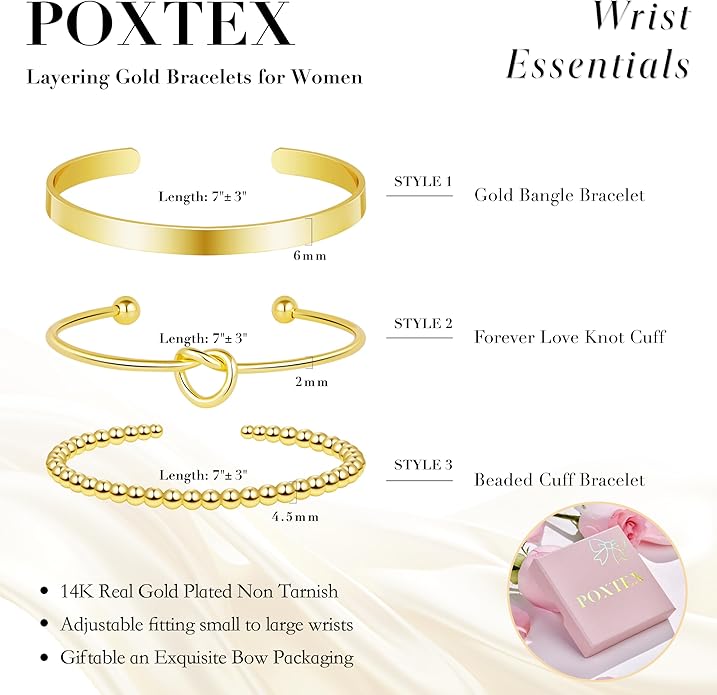 Silver Bracelets for Women Stack, Silver or Gold Plated Cuff Bangle Set, Trendy Silver Jewelry for Women Fashion