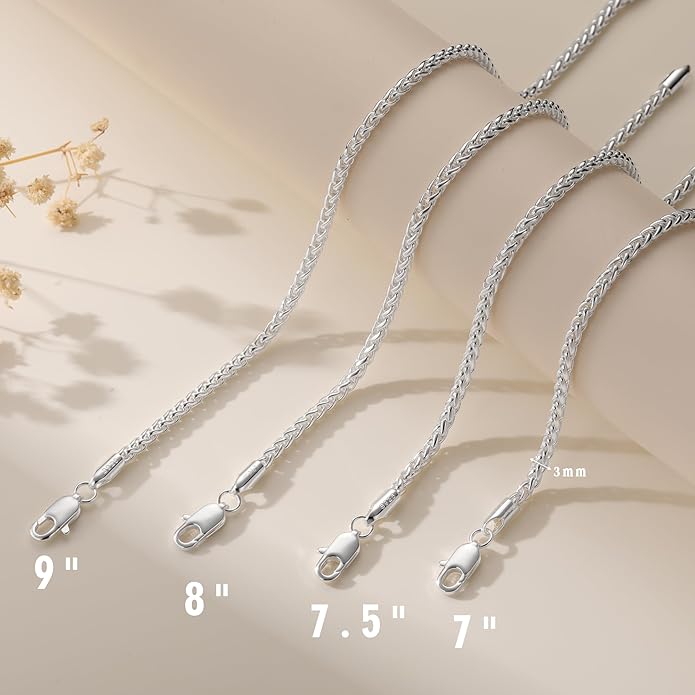 S925 Sterling Silver Bracelet for Women,3mm Wheat Sterling Silver Link Chain Bracelet for Women Jewelry Gift