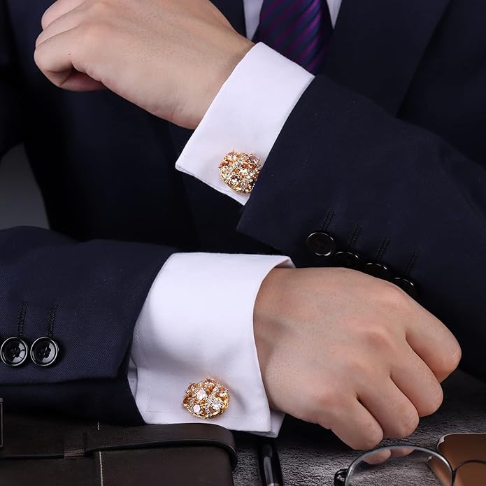 HAWSON Cufflinks for Men, Gold Diamond Crystal Cufflinks for Groom Husband Personalized Gifts, Mens Formal Wedding Business Cufflinks, Luxurious Gorgeous Cuff Links French Shirt Accessories